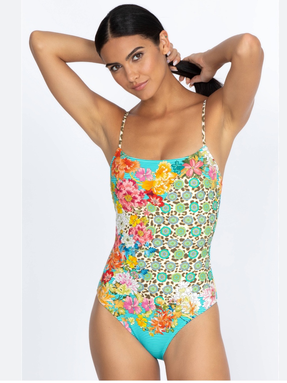Johnny Was BLUE LEOPARD SPAGHETTI STRAP one-piece swimsuit